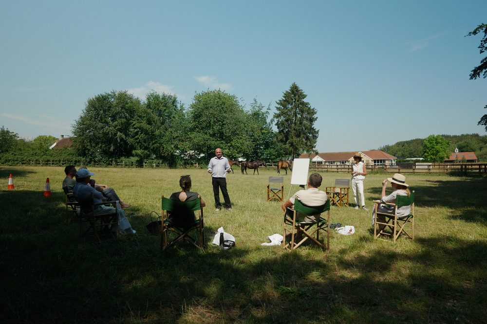 A leadership session with horses grazing nearby